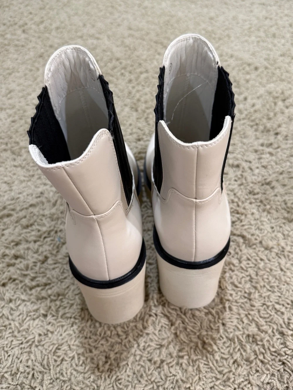 Cream Chelsea Chunky Heel Ankle Boots with Black Elastic Panels